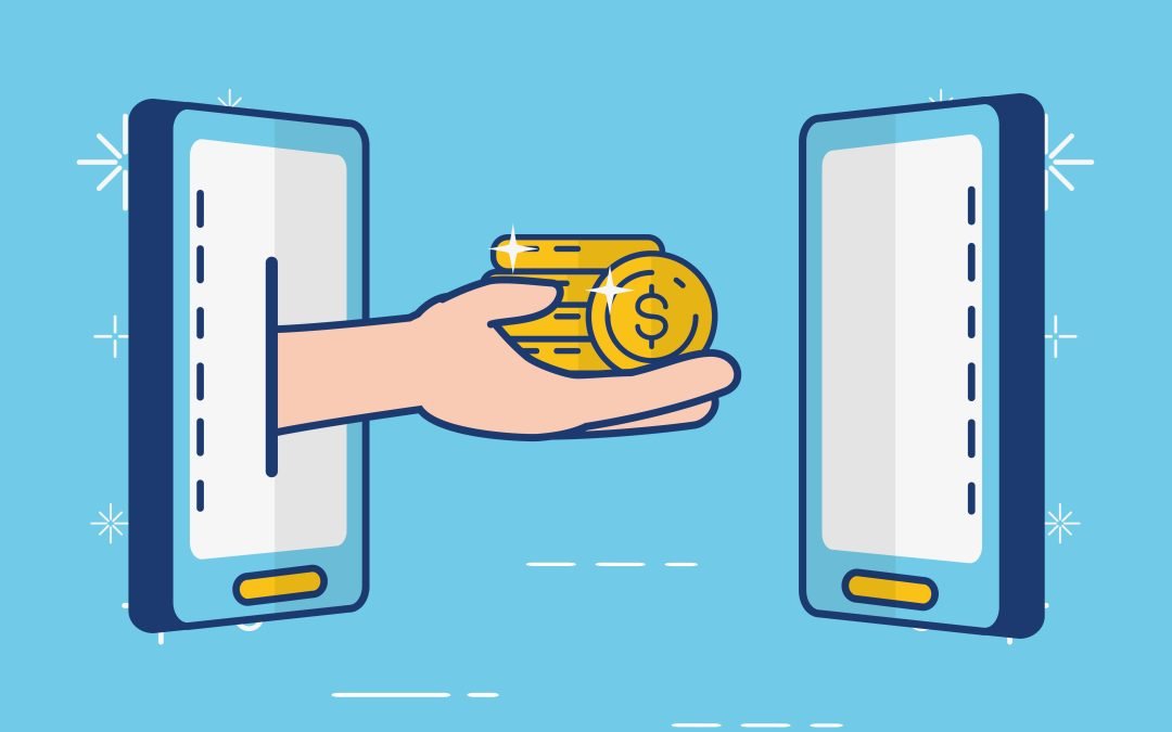 Illustration of a hand extending through a smartphone for a seamless money transfer to another device, showcasing the ease of modern financial services.