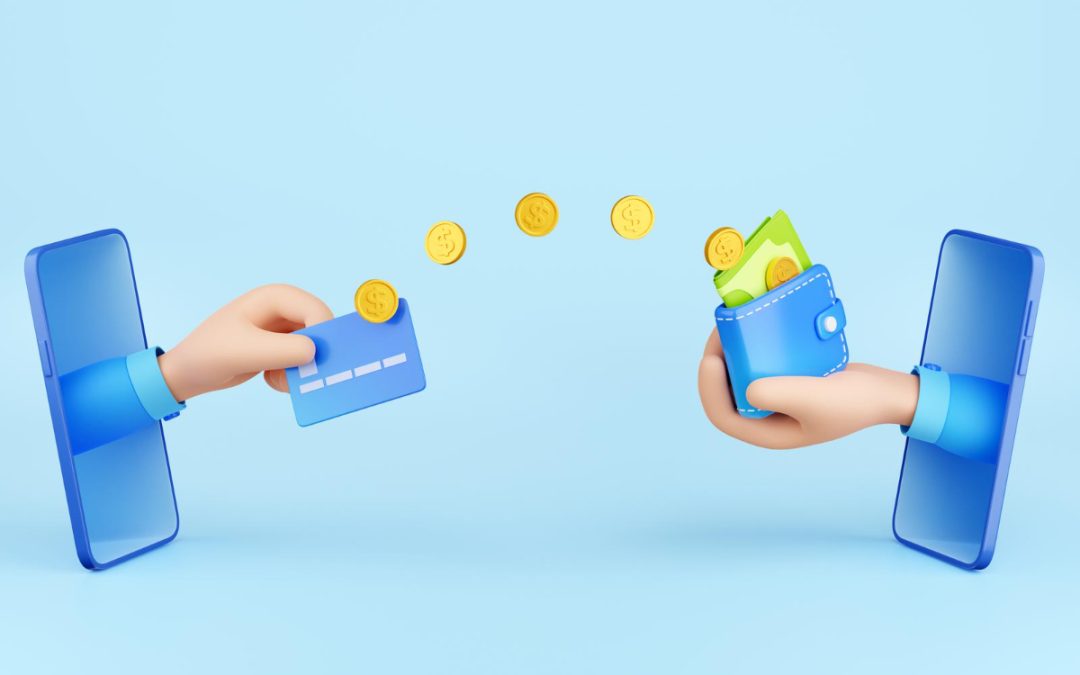 A hand holding a card emerges from a phone, seamlessly providing a financial solution by transferring coins to another hand holding a wallet in another phone.