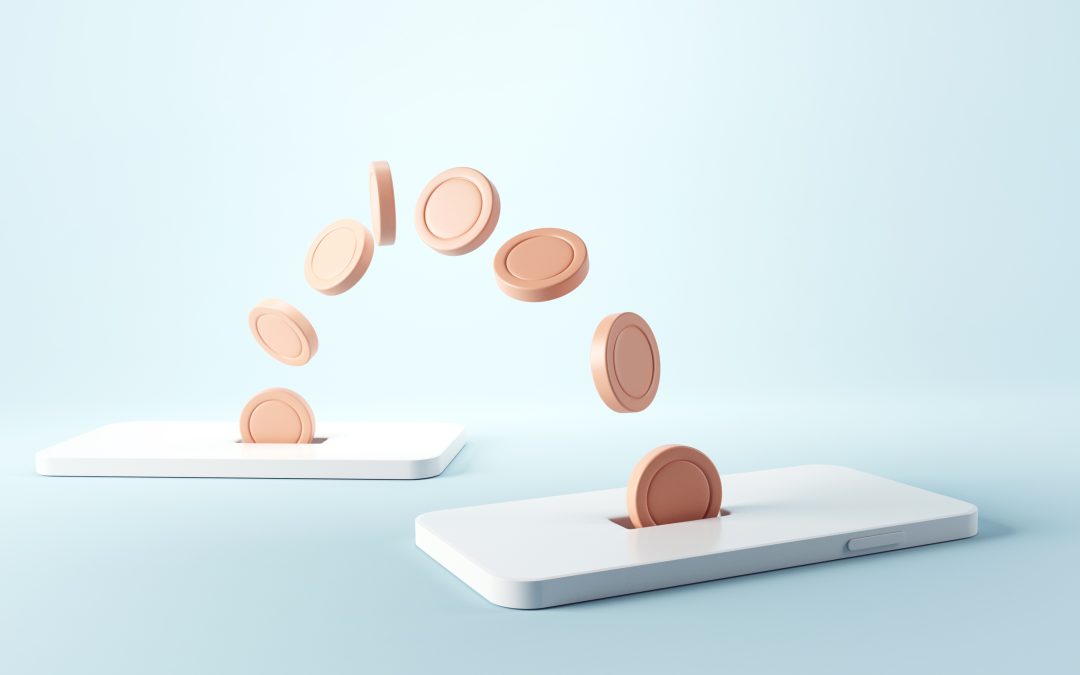 Coins arching in mid-air between two smartphones on a light blue background symbolize seamless money transfers via the Everpayer app.