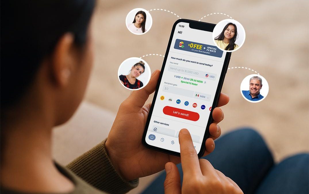 Person using a mobile money transfer app surrounded by floating profile pictures of contacts.